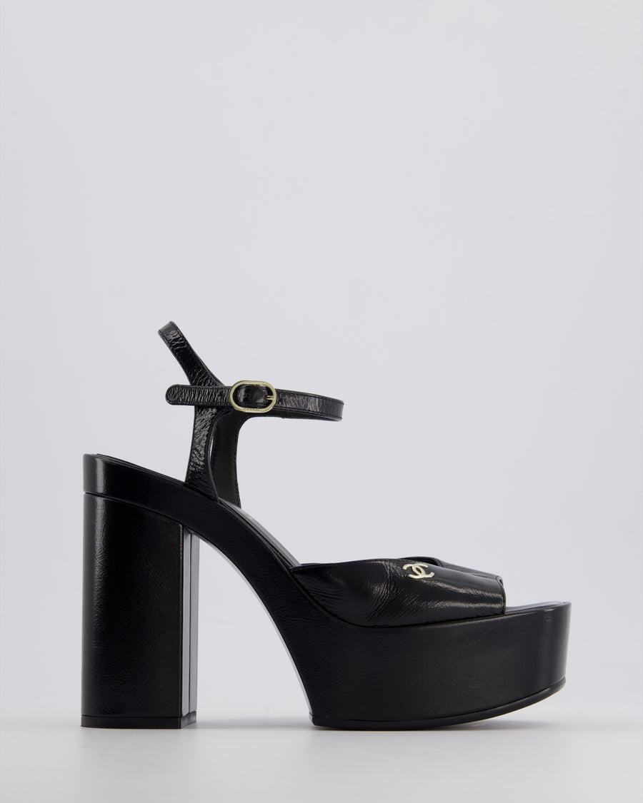 Chanel Black Shiny Calfskin Platform High Sandal with CC Logo EU 38.5C RRP 1300£