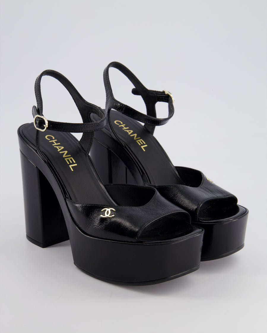 Chanel Black Shiny Calfskin Platform High Sandal with CC Logo EU 38.5C RRP 1300£
