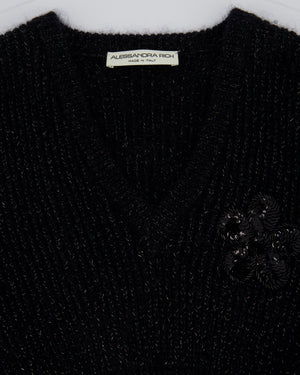 Alessandra Rich Black Mohair Long-Sleeve Cropped Jumper with Embellished Flower Detail IT 40 (UK 8)