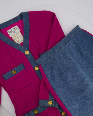 Chanel Fuchsia Pink Tweed Longline Blazer and Mini Skirt Set with Denim Trim & Gold Logo Button Detail Size FR 40 (UK 12)