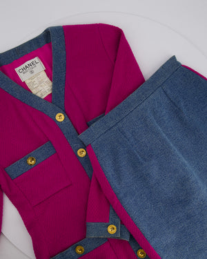 Chanel Fuchsia Pink Tweed Longline Blazer and Mini Skirt Set with Denim Trim & Gold Logo Button Detail Size FR 40 (UK 12)