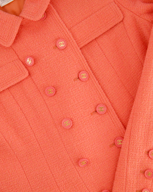 Chanel Vintage 97P Coral Pink Double Breasted Tweed Blended Wool Jacket Detail Size FR 42 (UK 14)