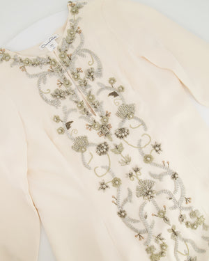 *HOT* Oscar De La Renta Cream Mid Sleeve Silk Maxi Gown Dress with Embellishment Details Size M (UK 10)