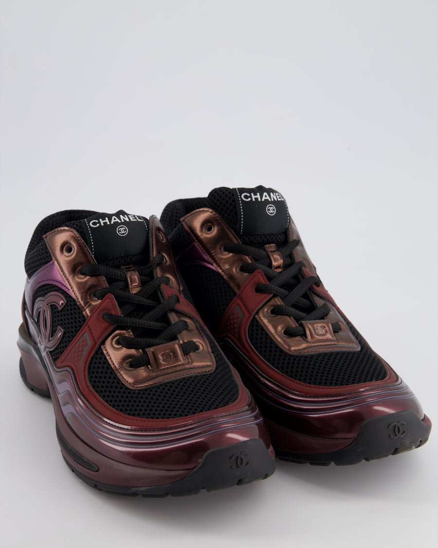 Chanel Patent Burgundy & Black Leather Sneakers With CC Logo Detail Size EU 41.5