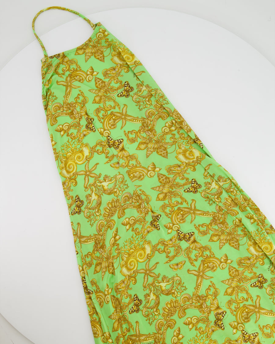 Versace Green Backless Maxi Beach Dress with Gold Prints and Logo Detail IT 42 (UK 10)