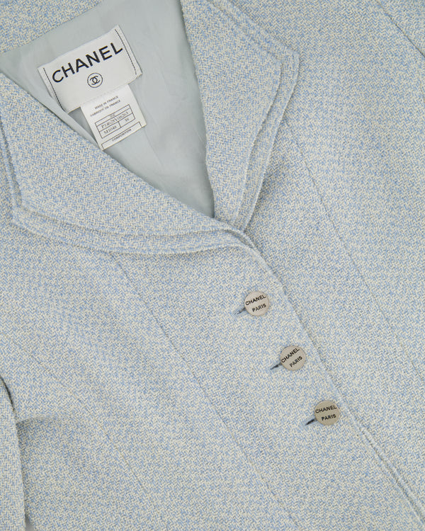 Chanel 00C Baby Blue Tweed Jacket with Silver Logo Button Details Size FR 38 (UK 10)