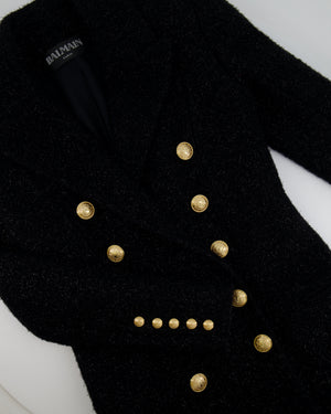 Balmain Black Embellished Tweed Maxi Coat with Gold Button Details Size FR 38 (UK 10)
