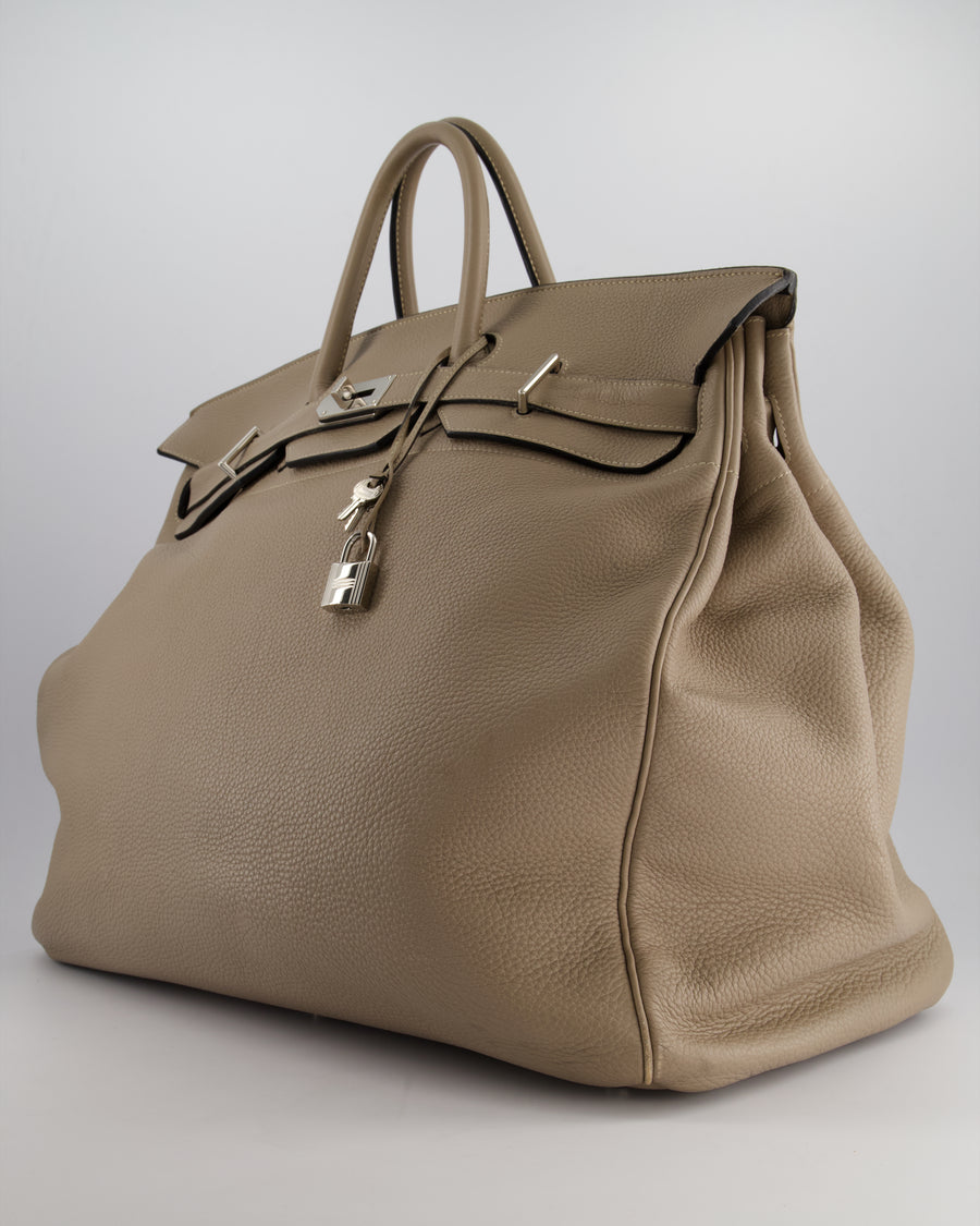 Hermès HAC Bag 50cm in Gris Tourterelle Clemence Leather With Palladium Hardware