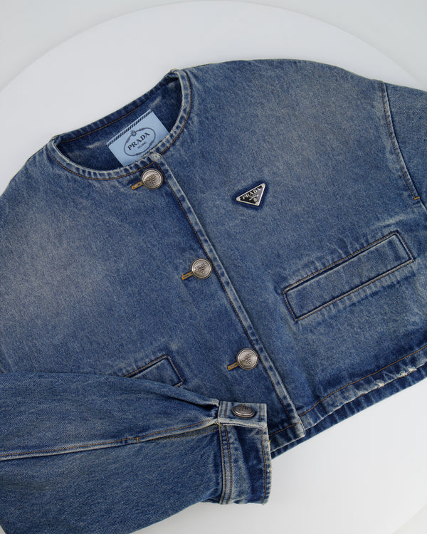 Prada Denim Blue Cropped Jacket with Silver Button Detail Size IT 38 (UK 6)