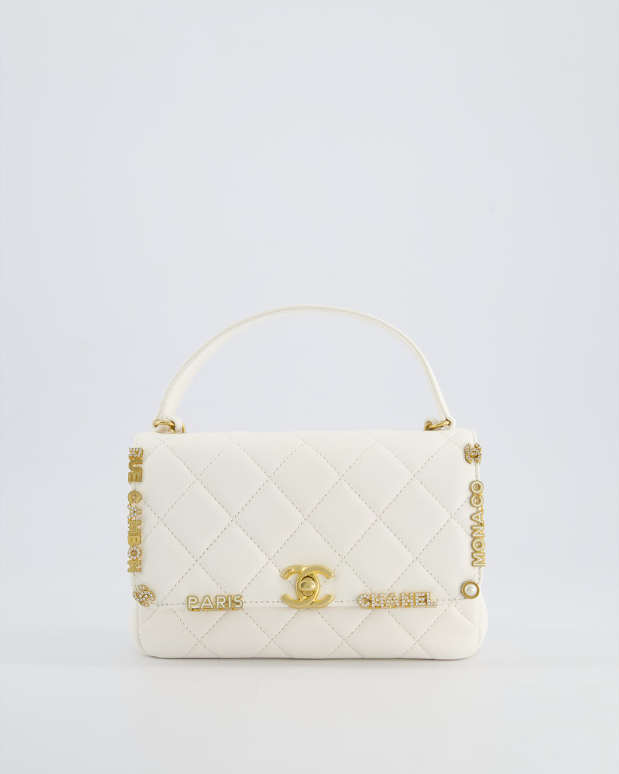 *LIMITED EDITION* Chanel White Paris Monaco Mini Single Flap Bag with Black Interior, Crystal Details and Brushed Gold Hardware