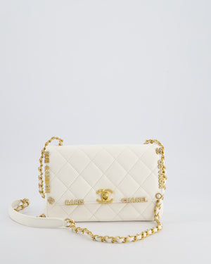 *LIMITED EDITION* Chanel White Paris Monaco Mini Single Flap Bag with Black Interior, Crystal Details and Brushed Gold Hardware