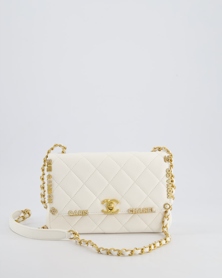 *LIMITED EDITION* Chanel White Paris Monaco Mini Single Flap Bag with Black Interior, Crystal Details and Brushed Gold Hardware