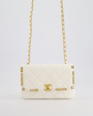 *LIMITED EDITION* Chanel White Paris Monaco Mini Single Flap Bag with Black Interior, Crystal Details and Brushed Gold Hardware