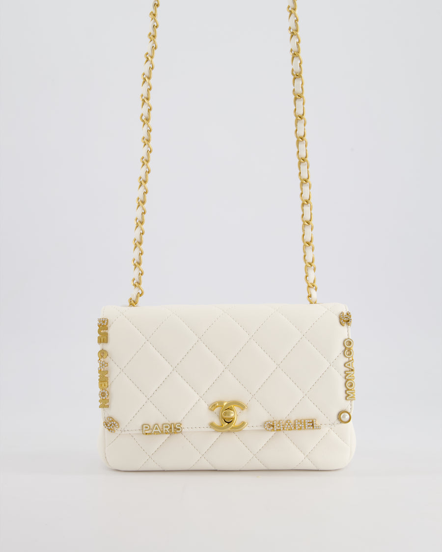 *LIMITED EDITION* Chanel White Paris Monaco Mini Single Flap Bag with Black Interior, Crystal Details and Brushed Gold Hardware