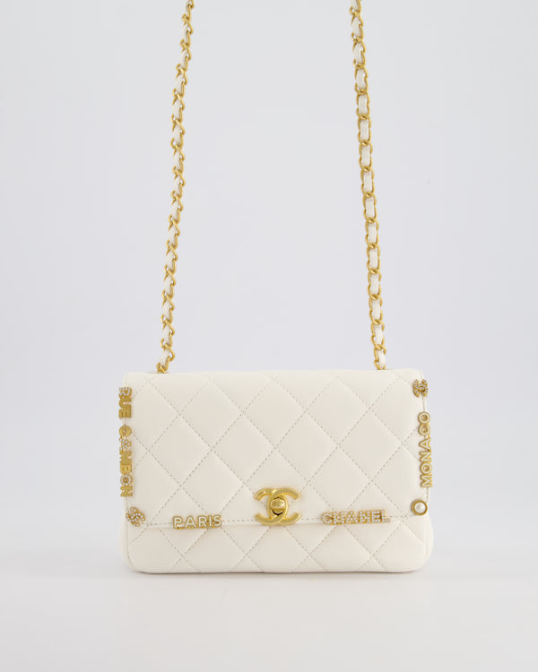 *LIMITED EDITION* Chanel White Paris Monaco Mini Single Flap Bag with Black Interior, Crystal Details and Brushed Gold Hardware