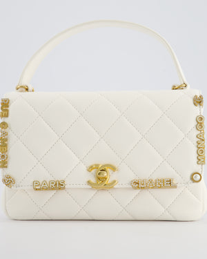 *LIMITED EDITION* Chanel White Paris Monaco Mini Single Flap Bag with Black Interior, Crystal Details and Brushed Gold Hardware