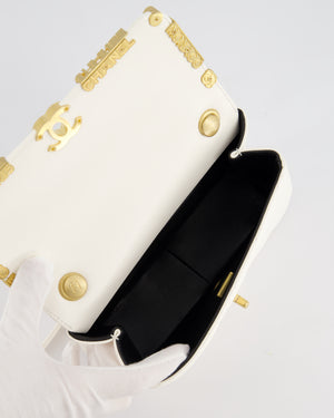 *LIMITED EDITION* Chanel White Paris Monaco Mini Single Flap Bag with Black Interior, Crystal Details and Brushed Gold Hardware