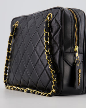 Chanel Vintage Black Camera Bag in Lambskin Leather with Front Pocket and 24k Gold Hardware