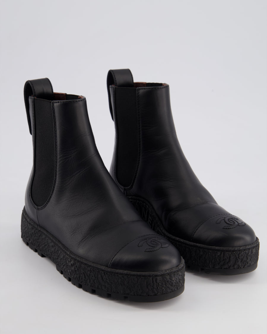 Chanel Black Leather Boots with Gold Logo Detail Size EU 35.5