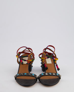 Valentino Black Leather Studded Sandals with Multicolour Ankle Wrap Size EU 35