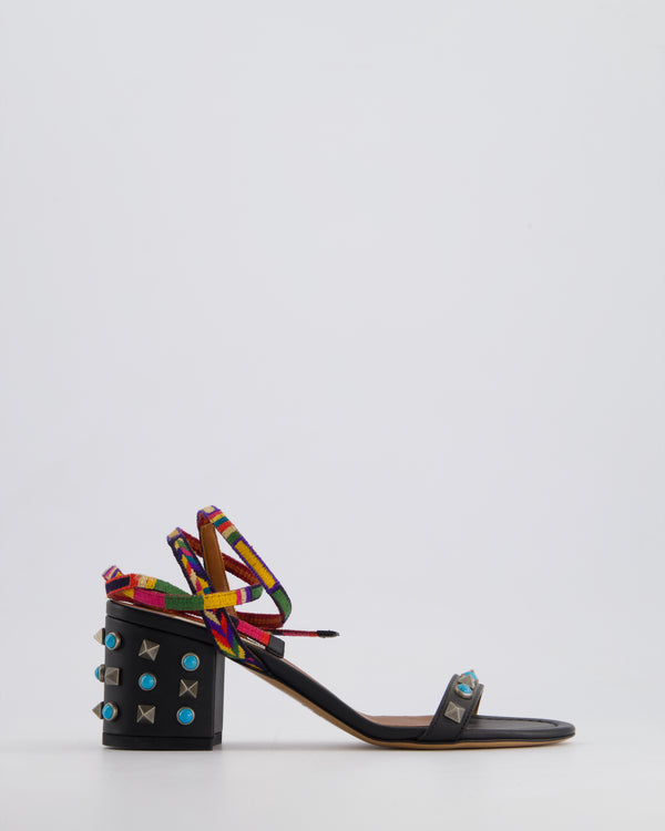 Valentino Black Leather Studded Sandals with Multicolour Ankle Wrap Size EU 35