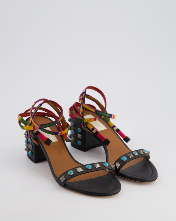 Valentino Black Leather Studded Sandals with Multicolour Ankle Wrap Size EU 35