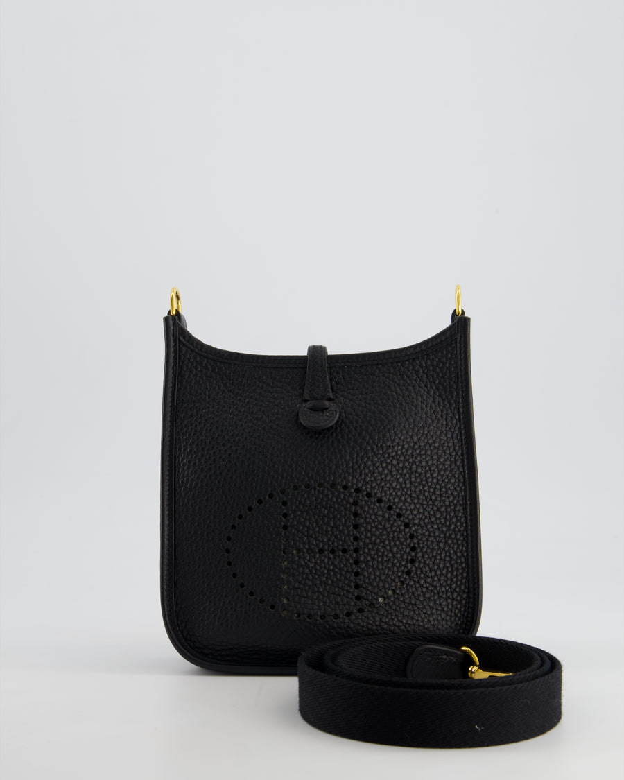 Hermès Mini Evelyne Bag in Black Clemence Leather with Gold Hardware and Black Canvas Strap