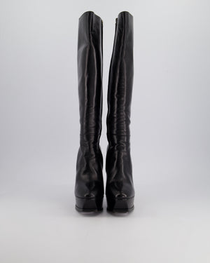 Saint Laurent Black Leather Heeled Knee High Platform Boots Size EU 38.5