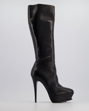 Saint Laurent Black Leather Heeled Knee High Platform Boots Size EU 38.5