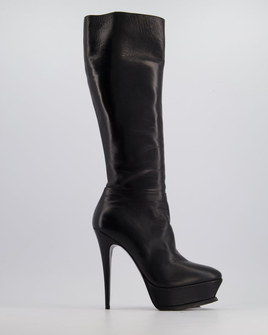Saint Laurent Black Leather Heeled Knee High Platform Boots Size EU 38.5