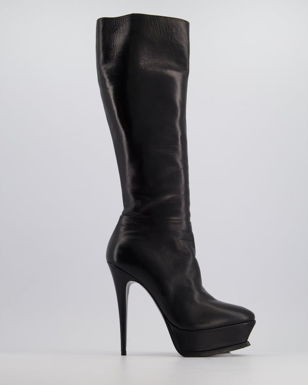 Saint Laurent Black Leather Heeled Knee High Platform Boots Size EU 38.5