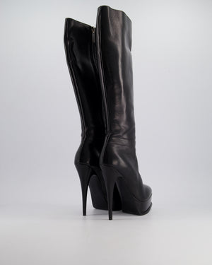 Saint Laurent Black Leather Heeled Knee High Platform Boots Size EU 38.5