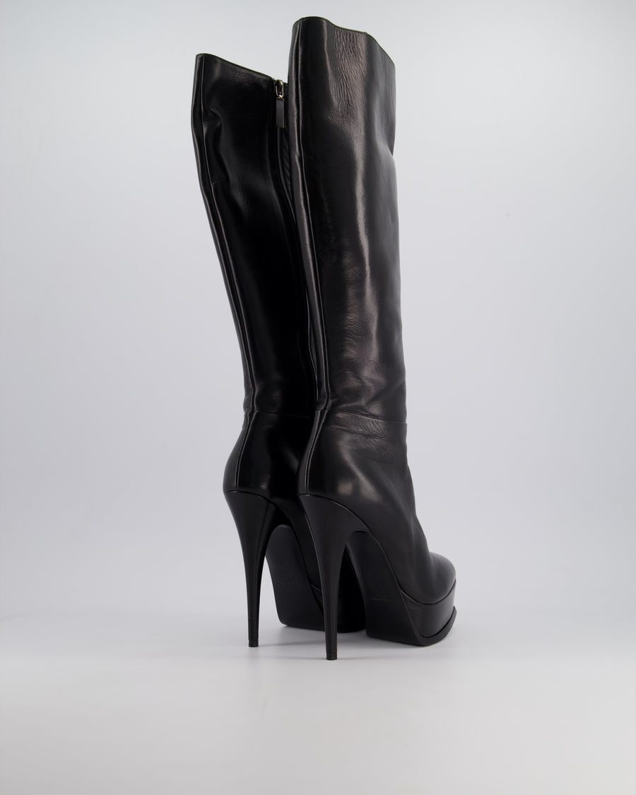 Saint Laurent Black Leather Heeled Knee High Platform Boots Size EU 38.5