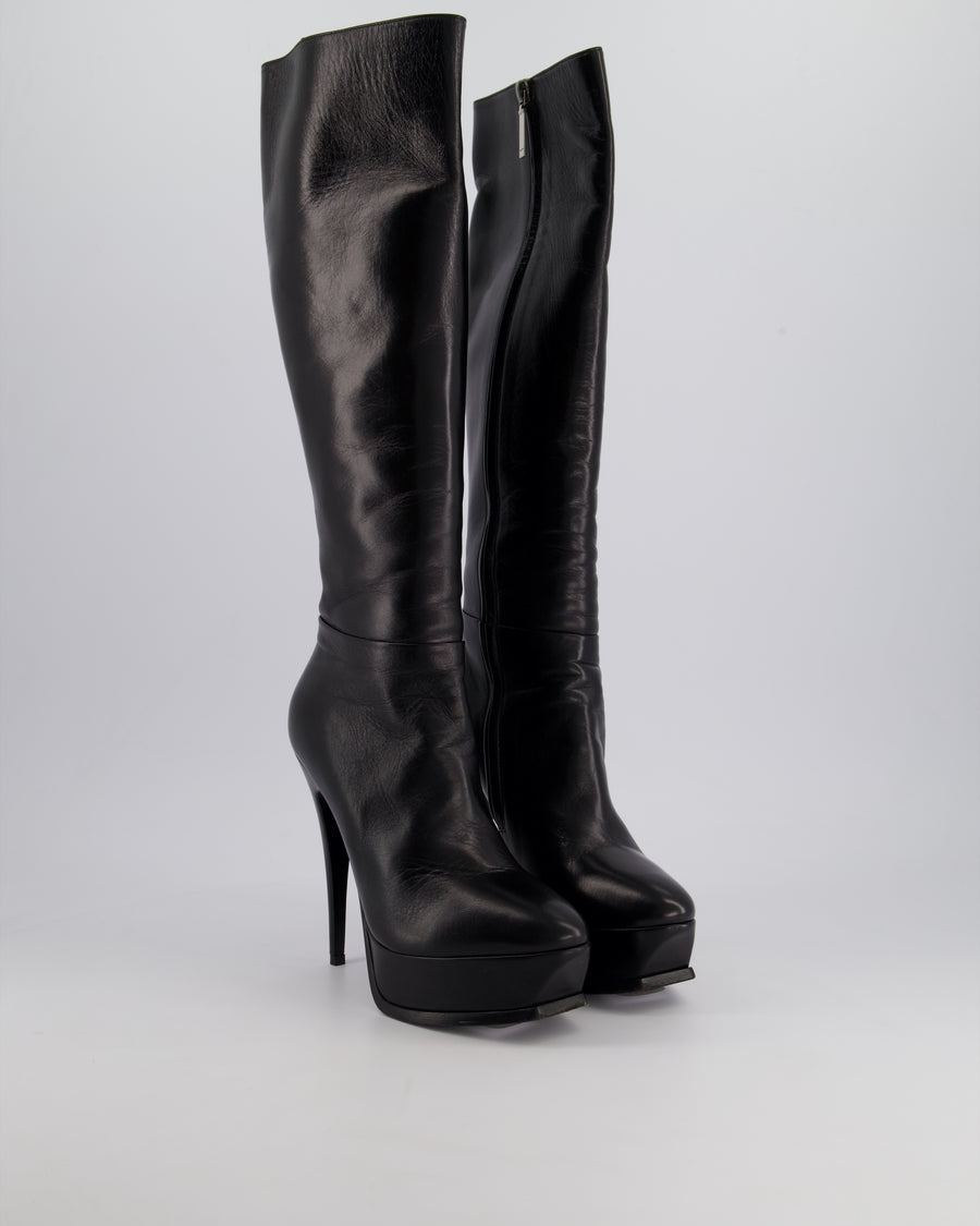 Saint Laurent Black Leather Heeled Knee High Platform Boots Size EU 38.5