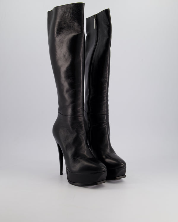 Saint Laurent Black Leather Heeled Knee High Platform Boots Size EU 38.5