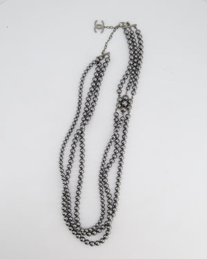 Chanel Grey Metallic Pearl Long Necklace with Pearl Flower and CC Logo Details