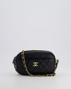 Chanel Black Quilted Small Camera Bag in Lambskin Leather with Front Pocket and Gold Hardware