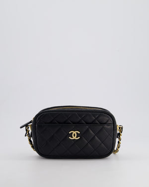 Chanel Black Quilted Small Camera Bag in Lambskin Leather with Front Pocket and Gold Hardware