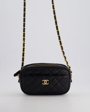 Chanel Black Quilted Small Camera Bag in Lambskin Leather with Front Pocket and Gold Hardware