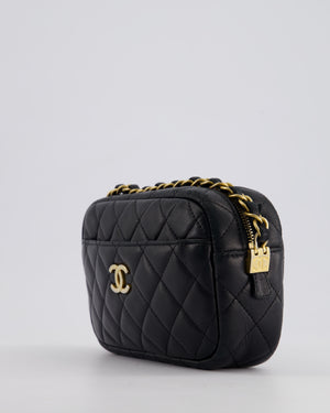 Chanel Black Quilted Small Camera Bag in Lambskin Leather with Front Pocket and Gold Hardware