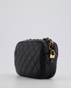 Chanel Black Quilted Small Camera Bag in Lambskin Leather with Front Pocket and Gold Hardware