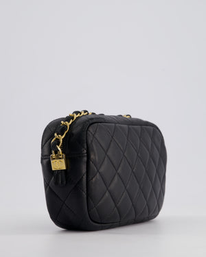 Chanel Black Quilted Small Camera Bag in Lambskin Leather with Front Pocket and Gold Hardware
