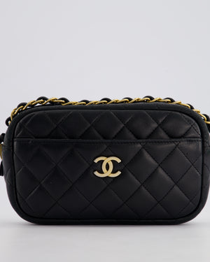 Chanel Black Quilted Small Camera Bag in Lambskin Leather with Front Pocket and Gold Hardware