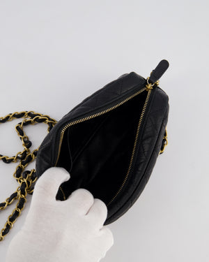 Chanel Black Quilted Small Camera Bag in Lambskin Leather with Front Pocket and Gold Hardware
