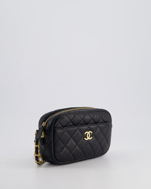Chanel Black Quilted Small Camera Bag in Lambskin Leather with Front Pocket and Gold Hardware