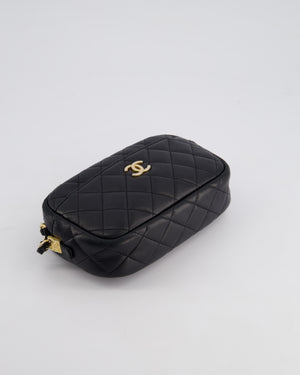 Chanel Black Quilted Small Camera Bag in Lambskin Leather with Front Pocket and Gold Hardware