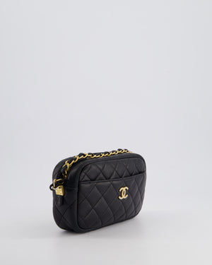 Chanel Black Quilted Small Camera Bag in Lambskin Leather with Front Pocket and Gold Hardware