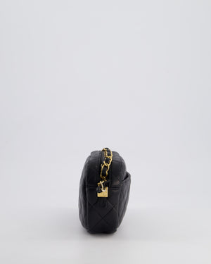 Chanel Black Quilted Small Camera Bag in Lambskin Leather with Front Pocket and Gold Hardware