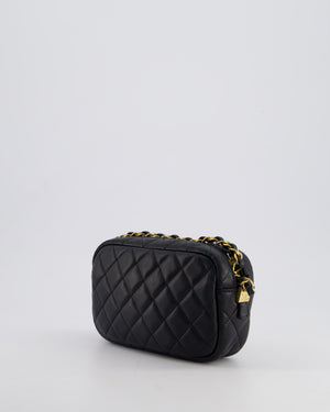 Chanel Black Quilted Small Camera Bag in Lambskin Leather with Front Pocket and Gold Hardware