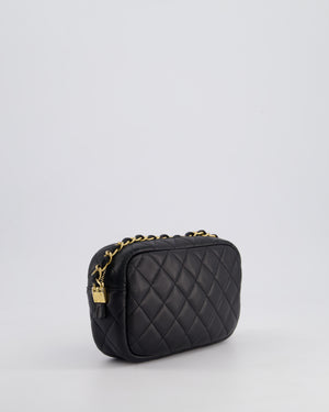 Chanel Black Quilted Small Camera Bag in Lambskin Leather with Front Pocket and Gold Hardware